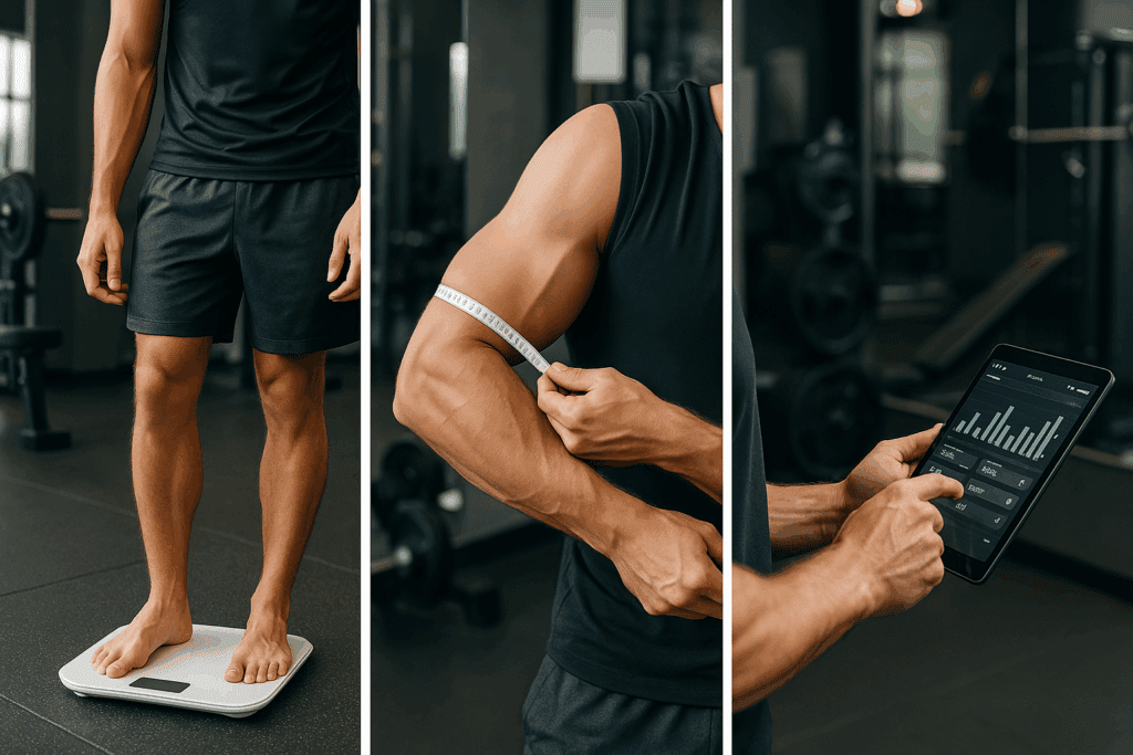 Man tracking progress during an 8 week weight training program by using a smart scale, measuring arm size, and reviewing stats on a tablet.